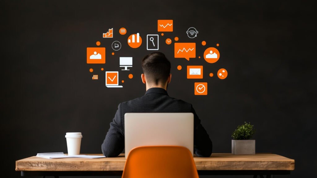 Marketer analyzing a CRM and automation workflow dashboard on a laptop